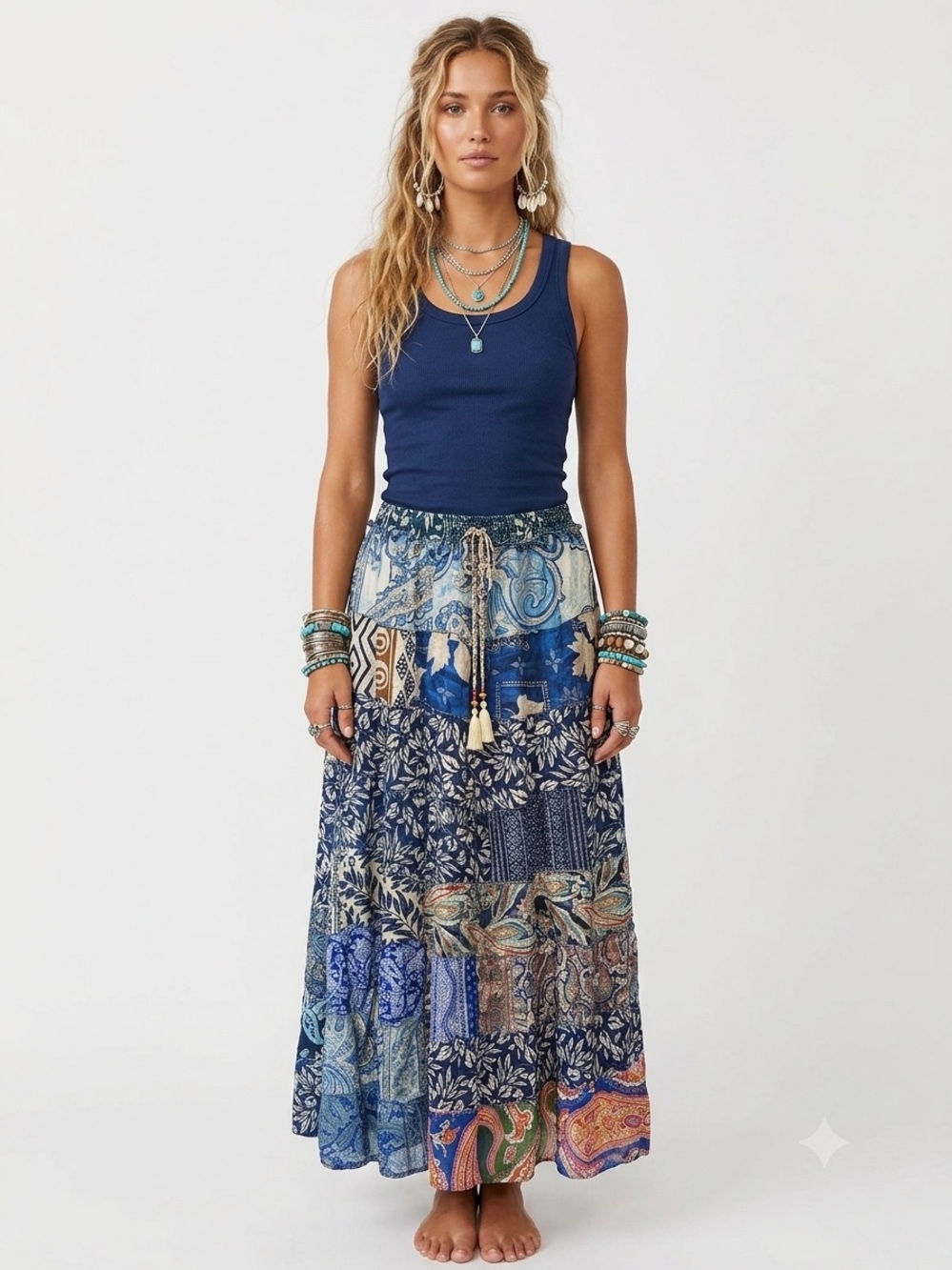 7. Boho Patchwork Sari Silk Maxi Skirt Festival Hippie Gypsy One Size India